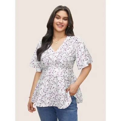 Bloomchic Women's Plus Size Floral Pleated Elastic Waist Ruffle Sleeve Blouse Purple Ditsy Floral Elegant Shor