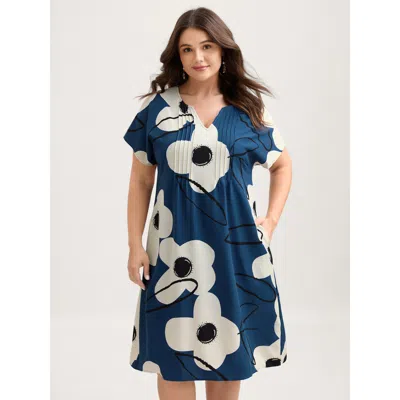 Bloomchic Women's Plus Size Floral Pleated Front Pockets Midi Dress Mediumblue Floral Knee Casual Non 18-20/2x