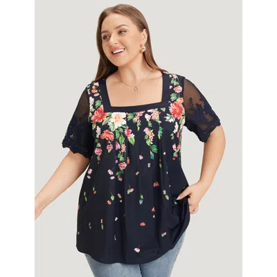 Bloomchic Women's Plus Size Floral Pleated Mesh Lace Sleeve Square Neck Blouse Indigo Dailywear Short Sleeve 1 In Purple