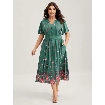 Bloomchic Women's Plus Size Floral Pleated Notched Collar Midi Dress Emerald Floral Midi Elegant 30/6x In Green
