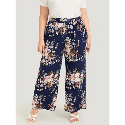 Bloomchic Women's Plus Size Floral Pocket High Rise Wide Leg Belt Pants Indigo High Rise Dailywear 10/m In Purple