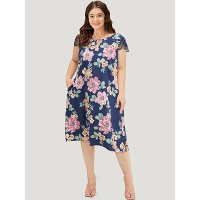 Bloomchic Women's Plus Size Floral Pocket Keyhole Lace Cap Sleeve Flutter Dress Darkblue Dailywear Printed 10/ In Blue