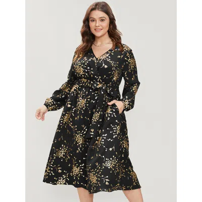 Bloomchic Women's Plus Size Floral Pocket Lantern Sleeve Belted Surplice Neck Dress Black Floral Going Out Bel