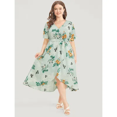 Bloomchic Women's Plus Size Floral Pocket Ruffle Sleeve Wrap Belt Asymmetrical Hem Dress Lightgreen Dailywear 