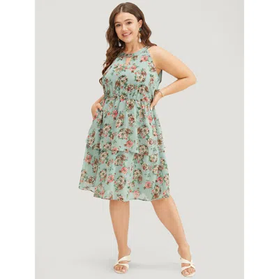 Bloomchic Women's Plus Size Floral Pocket Ruffle Tiered Keyhole Knotted Halter Dress Mint Dailywear Lined 30/6 In Green