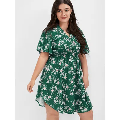 Bloomchic Women's Plus Size Floral Pocket Ruffled V Neck Short Dress Darkgreen Floral Office Printed 30/6x In Green