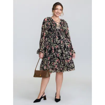Bloomchic Women's Plus Size Floral Pockets Adjustable Shirred Midi Dress Blackflower Floral Knee Elegant 10/m