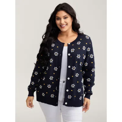 Bloomchic Women's Plus Size Floral Polka Dot Print Button Knit Cardigan Navy Long Sleeve 30/6x In Blue
