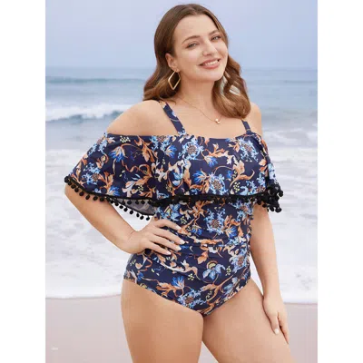 Bloomchic Floral Pompom Trim Cold Shoulder One Piece Swimsuit In Purple