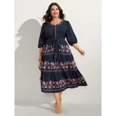 Bloomchic Women's Plus Size Floral Position Print Belted Maxi Dress Indigo Floral Midi Vacation Gathered 30/6x In Purple