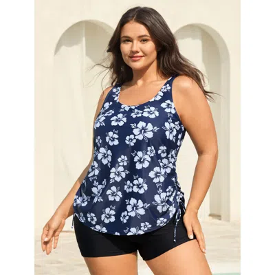 Bloomchic Women's Plus Size Floral Print Adjustable Drawstring Swim Top Indigo Palm Sleeveless Ruched Midsecti In Purple