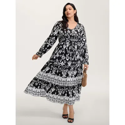 Bloomchic Women's Plus Size Floral Print Adjustable Drawstring Waist Midi Dress Black Bohemian Print Maxi Vaca