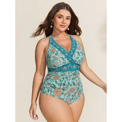 Bloomchic Women's Plus Size Floral Print Adjustable Tummy-control One-piece Swimsuit Azure Floral Patchwork Ad In Blue