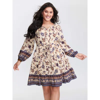 Bloomchic Women's Plus Size Floral Print Adjustable Waist Mini Dress Beige Bohemian Print Short Vacation 10/m In Sand