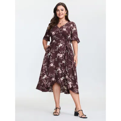 Bloomchic Women's Plus Size Floral Print Asymmetrical Hemline Midi Dress Burgundy Ditsy Floral Midi Elegant Co