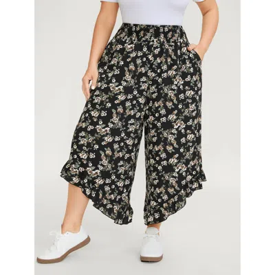 Bloomchic Women's Plus Size Floral Print Asymmetrical Ruffled Hem Pants Blackflower Ditsy Floral Wide Leg Mid 