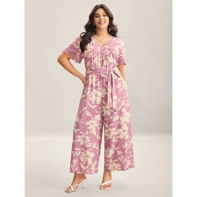 Bloomchic Women's Plus Size Floral Print Back Tie Jumpsuit Beanpastepowder Elegant Fitted 30/6x