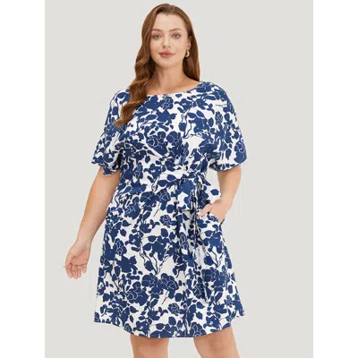 Bloomchic Women's Plus Size Floral Print Batwing Sleeve Pocket Knot Side Dress Blue Dailywear Knotted 26/4x