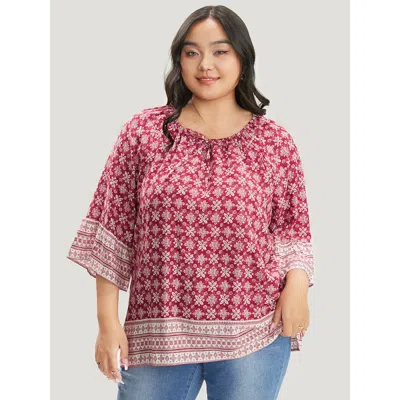 Bloomchic Women's Plus Size Floral Print Bell Sleeve Knotted Round Neck Blouse Crimson Floral Dailywear 3/4 Sl In Red