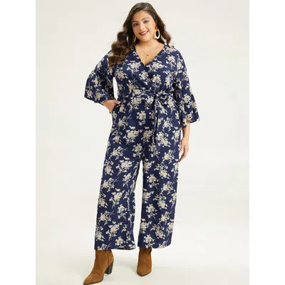 Bloomchic Women's Plus Size Floral Print Bell Sleeve Pocket Belted Jumpsuit Darkblue Dailywear 10/m In Blue