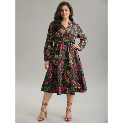 Bloomchic Women's Plus Size Floral Print Belted Elastic Cuffs Dress Black Dailywear Elastic Cuffs 12/l