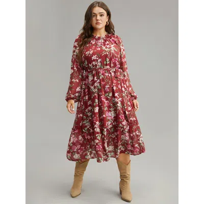 Bloomchic Women's Plus Size Floral Print Belted Patchwork Gathered Dress Scarlet Everyday Elastic Cuffs 22-24/ In Red