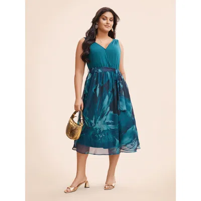 Bloomchic Women's Plus Size Floral Print Belted Patchwork Pocket Tank Dress Aegean Floral Midi Elegant Ruched  In Blue