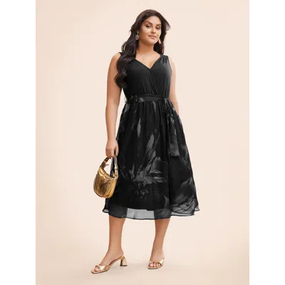 Bloomchic Women's Plus Size Floral Print Belted Patchwork Pocket Tank Dress Black Floral Midi Elegant Ruched 3