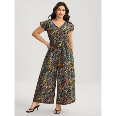 Bloomchic Women's Plus Size Floral Print Belted Ruffled Sleeve Jumpsuit Black Elegant 26/4x