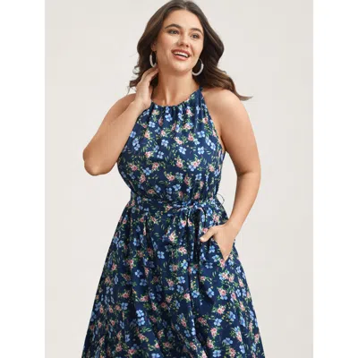 Bloomchic Women's Plus Size Floral Print Belted Stretchy Waist Midi Dress Navy Ditsy Floral Maxi Elegant Non 3 In Blue