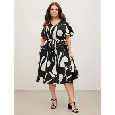 Bloomchic Women's Plus Size Floral Print Belted V-neck Midi Dress Black Geometric Midi Office Belted 28/5x