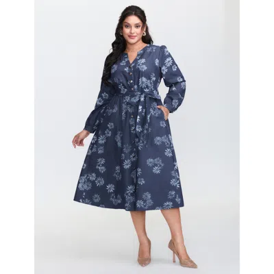 Bloomchic Women's Plus Size Floral Print Belted Waist Midi Denim Dress Denimindigo Midi Elegant X-line 28/5x
