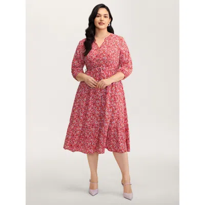 Bloomchic Women's Plus Size Floral Print Belted Waist Midi Dress Scarlet Ditsy Floral Midi Elegant 22-24/3x In Red