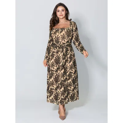 Bloomchic Women's Plus Size Floral Print Belted Waist-defining Maxi Dress Tan Botanical Midi Party Non 30/6x In Brown