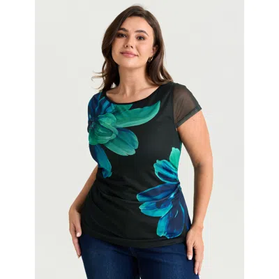 Bloomchic Women's Plus Size Floral Print Boat Neckline Fitted T-shirt Black Floral Elegant Cap Sleeve Round Ne