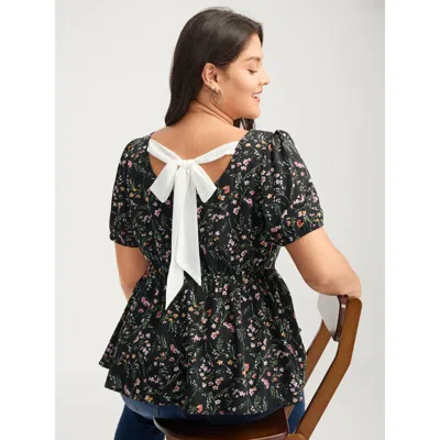 Bloomchic Women's Plus Size Floral Print Bow Back Detail Blouse Black Ditsy Floral Elegant Short Sleeve Square