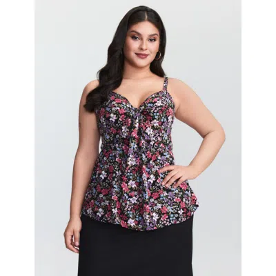 Bloomchic Women's Plus Size Floral Print Bow Tie Cinched Waist Tank Top Black Elegant X-line 12/l
