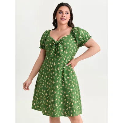 Bloomchic Women's Plus Size Floral Print Bowknot Front Mini Dress Truegreen Ditsy Floral Midi Elegant Ruffles 