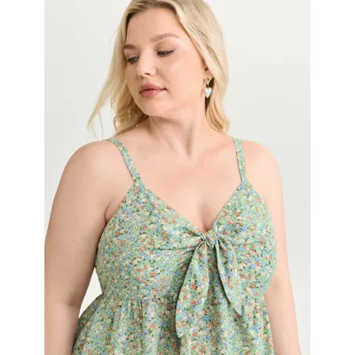 Bloomchic Women's Plus Size Floral Print Bowknot Front Tank Top Greenbean Elegant Fitted Fit & Flare Sweethear
