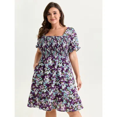 Bloomchic Women's Plus Size Floral Print Bowknot Puff Sleeve Mini Dress Blueviolet Floral Midi Elegant Smocked