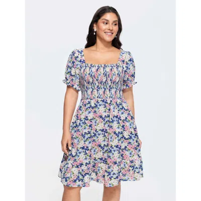 Bloomchic Women's Plus Size Floral Print Bowknot Puff Sleeve Mini Dress Lightpink Floral Midi Elegant Smocked 