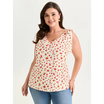 Bloomchic Women's Plus Size Floral Print Bowknot Shoulder Tank Top Raspberry Elegant Relaxed Fit A-line V-neck In Pink