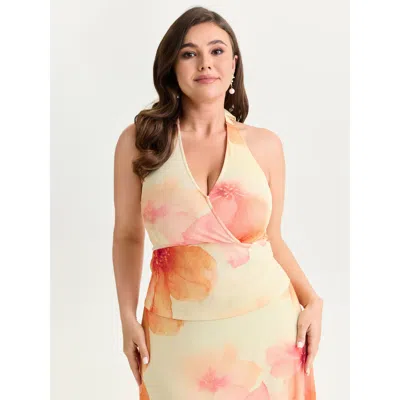 Bloomchic Women's Plus Size Floral Print Bowknot Tank Top Amber Elegant Fitted Wrap Tie-neck 10/m In Orange