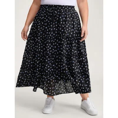 Bloomchic Women's Plus Size Floral Print Bowknot Tiered Maxi Skirt Blackflower Shirred Flared Casual 12/l