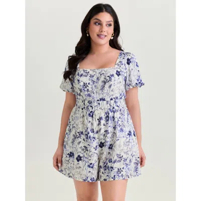 Bloomchic Women's Plus Size Floral Print Bubble Sleeve Romper Navy Elegant Fitted 12/l In Blue