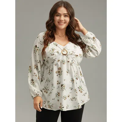 Bloomchic Women's Plus Size Floral Print Buckle Detail Gathered Bell Sleeve Blouse Ivory Dailywear Long Sleeve In White