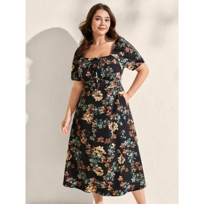 Bloomchic Women's Plus Size Floral Print Bust Ease Pockets Midi Dress Black Floral Midi Elegant Ruched 30/6x