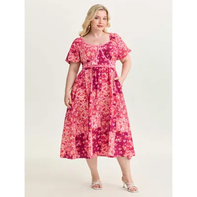 Bloomchic Women's Plus Size Floral Print Bust-defining Shirred Midi Dress Peach Ditsy Floral Midi Elegant Patc In Orange