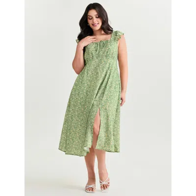 Bloomchic Women's Plus Size Floral Print Bustier Drawstring Midi Dress Greenbean Midi Elegant Ruffles 14-16/1x