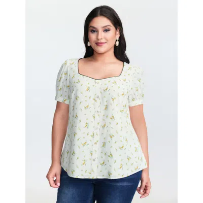 Bloomchic Women's Plus Size Floral Print Button Detail Color Contrast Blouse Apricot Ditsy Floral Elegant Shor In Orange